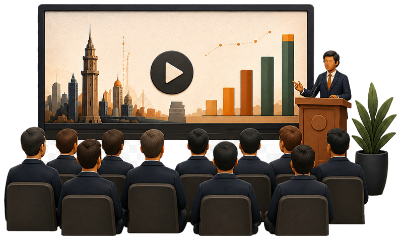 Finished corporate video presentation in a conference setting