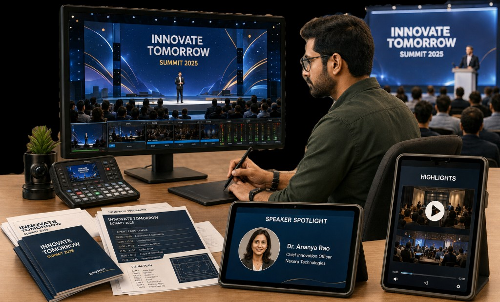 Designer creating coordinated event visuals for INNOVATE TOMORROW SUMMIT