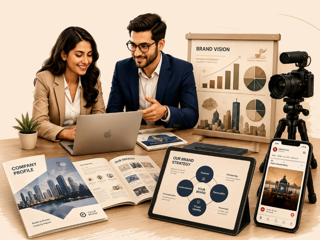Professionals reviewing branding materials