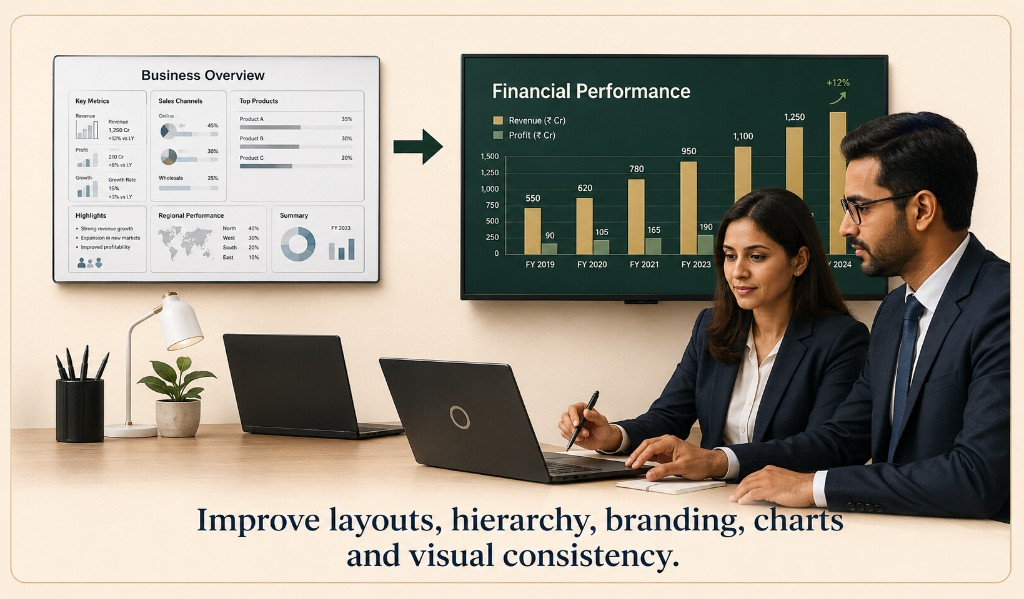 Before and after slides with a redesigned Financial Performance deck