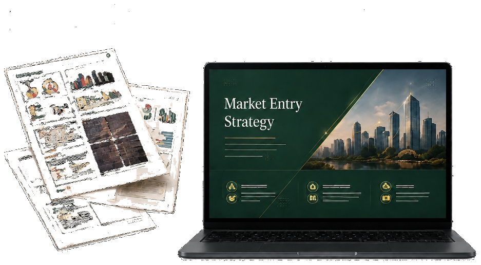 Sketches developed into a Market Entry Strategy presentation on a laptop