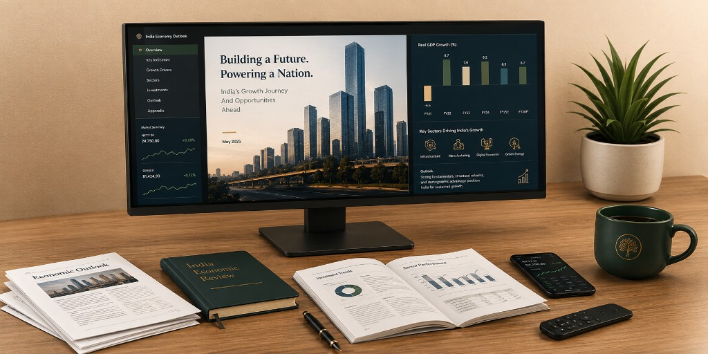 Designer desk with Strategic Growth Roadmap presentation