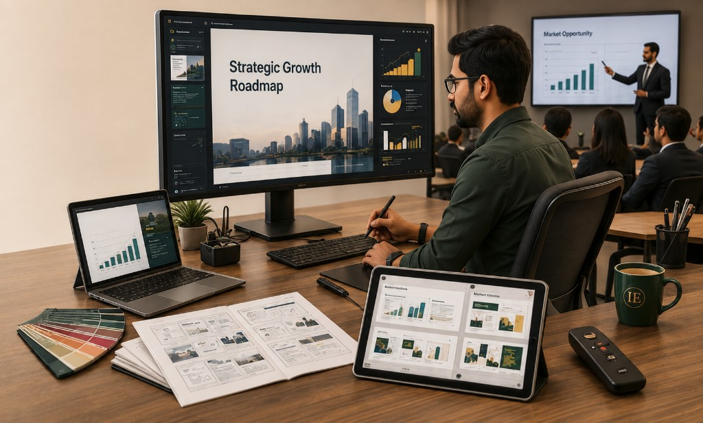 Designer preparing a Strategic Growth Roadmap presentation at a desk