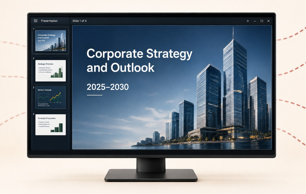 Corporate Strategy and Outlook presentation on a desktop monitor