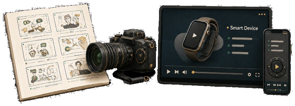 Storyboard, camera, tablet and phone used for product video production