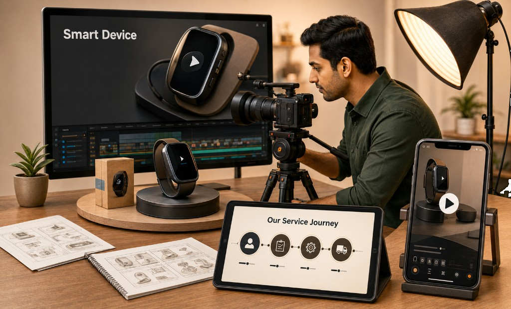 Video production studio filming a product showcase