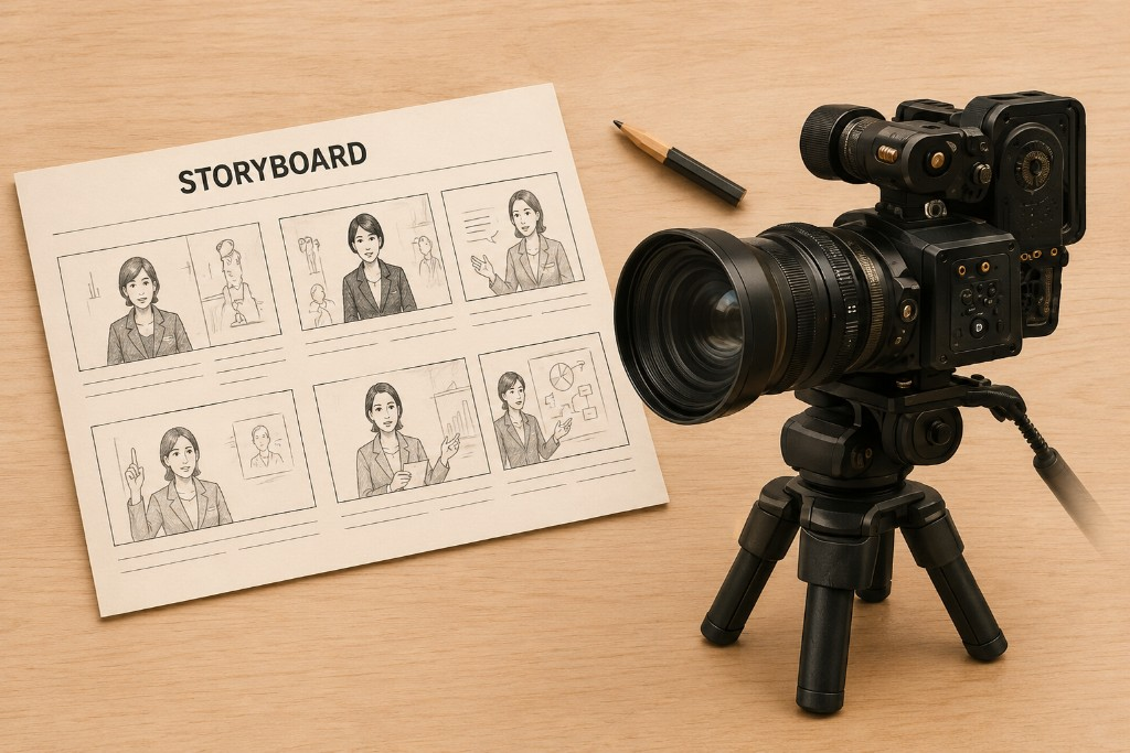 Storyboard and cinema camera on a wooden desk