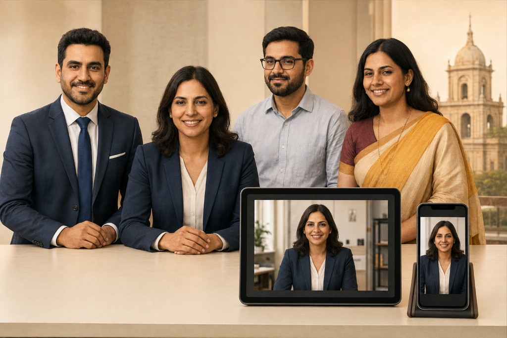 Four professionals behind a tablet and phone showing the same person on screen