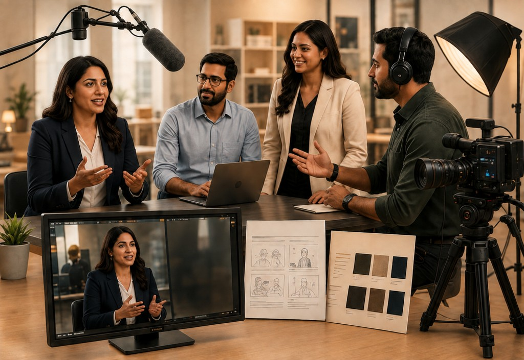 Studio production of real-model corporate content with storyboard and wardrobe boards