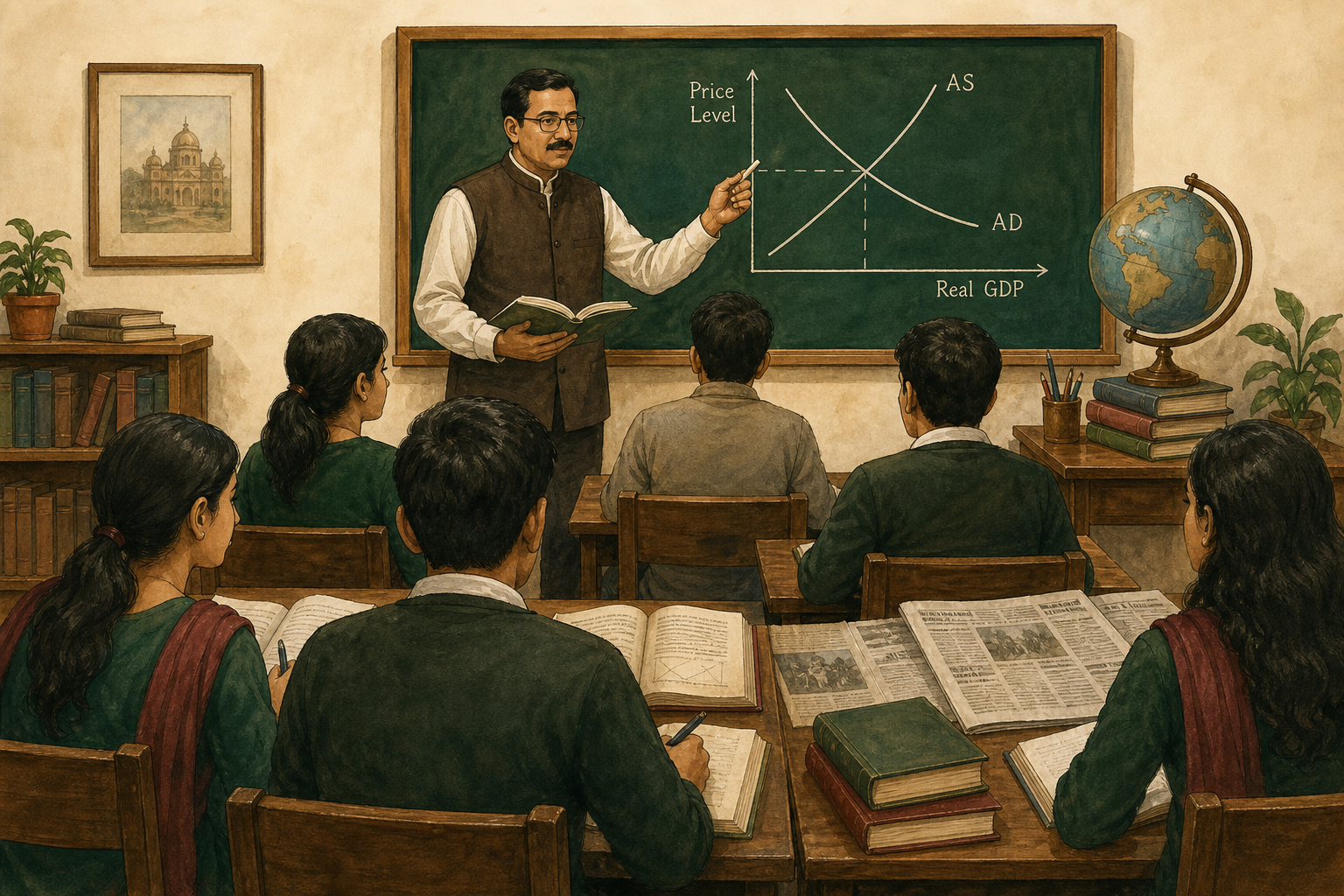 A teacher explains an AS-AD diagram to a classroom of students