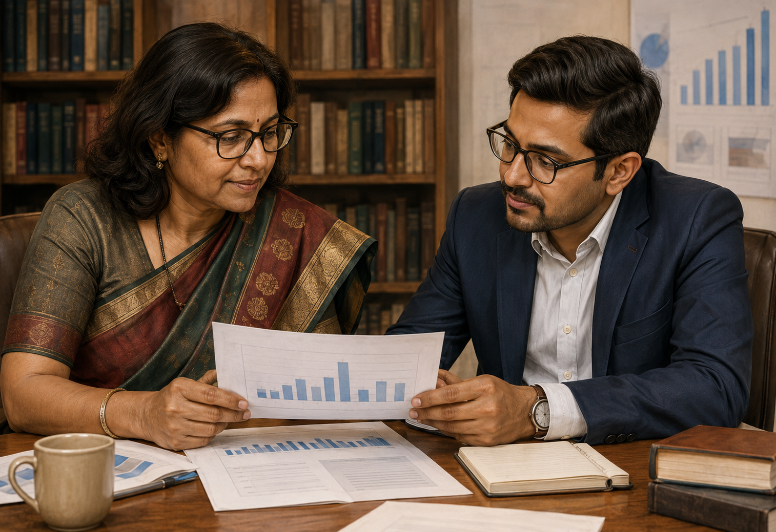 Two colleagues reviewing economic charts at a desk