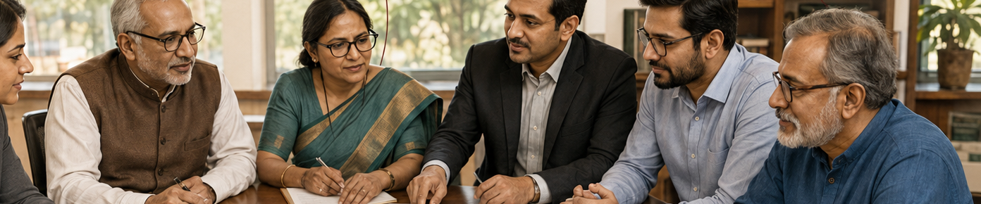 Partners seated together around a shared proposal