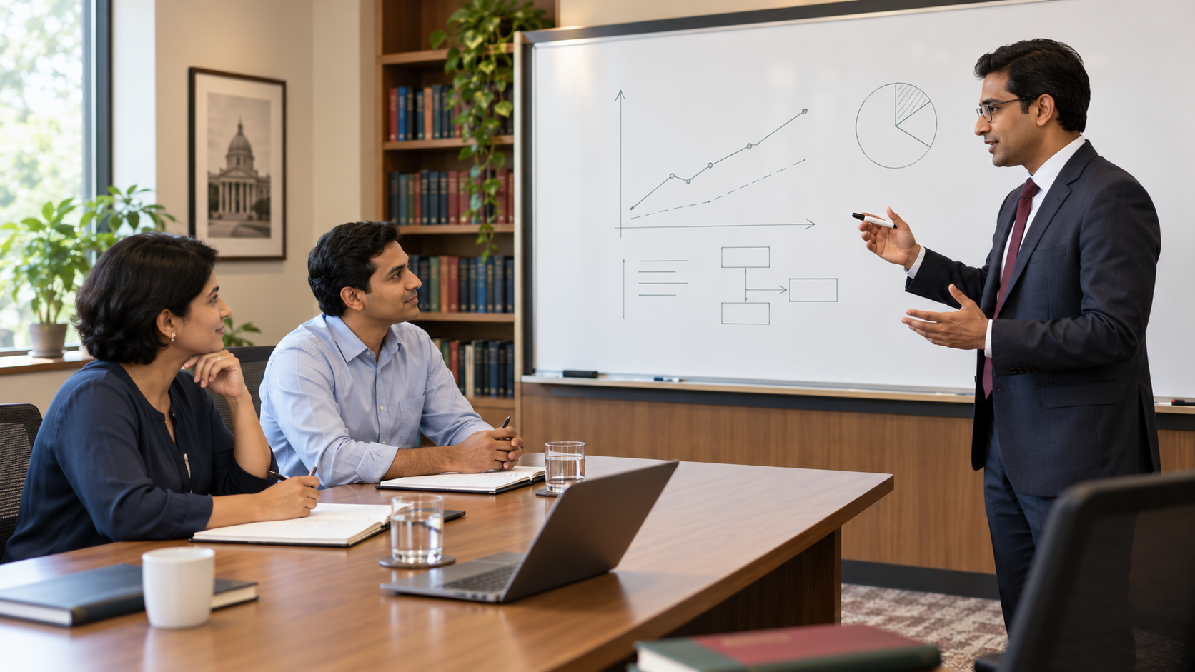 An adviser presenting economic diagrams at a board