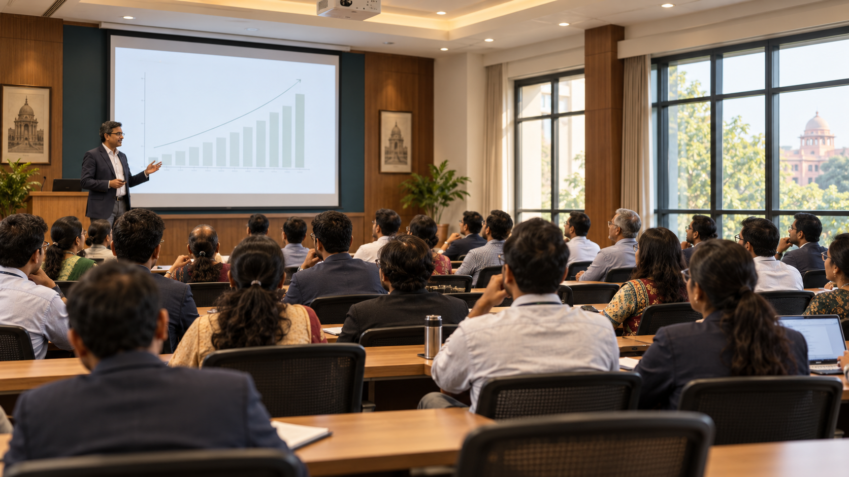 A lecture on economic data in a classroom