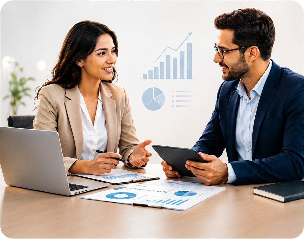 Consultants reviewing financial reports