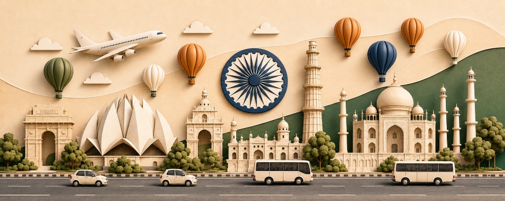 Illustrated Indian landmarks, aviation and infrastructure