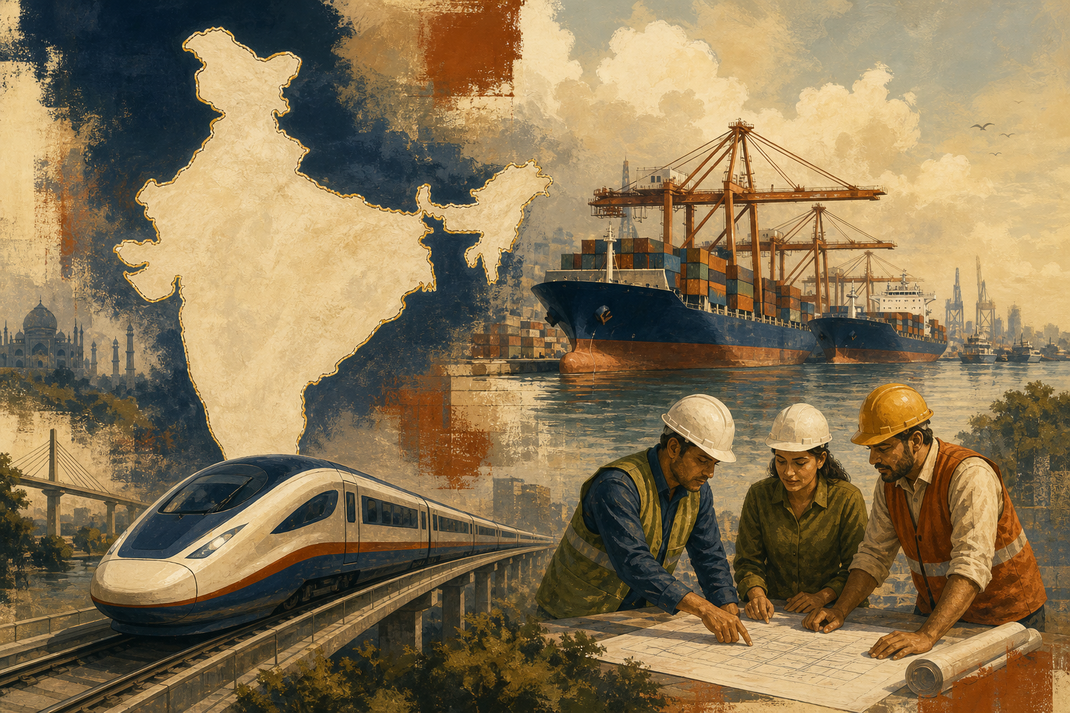 Illustration of India’s growth: rail, ports and industry