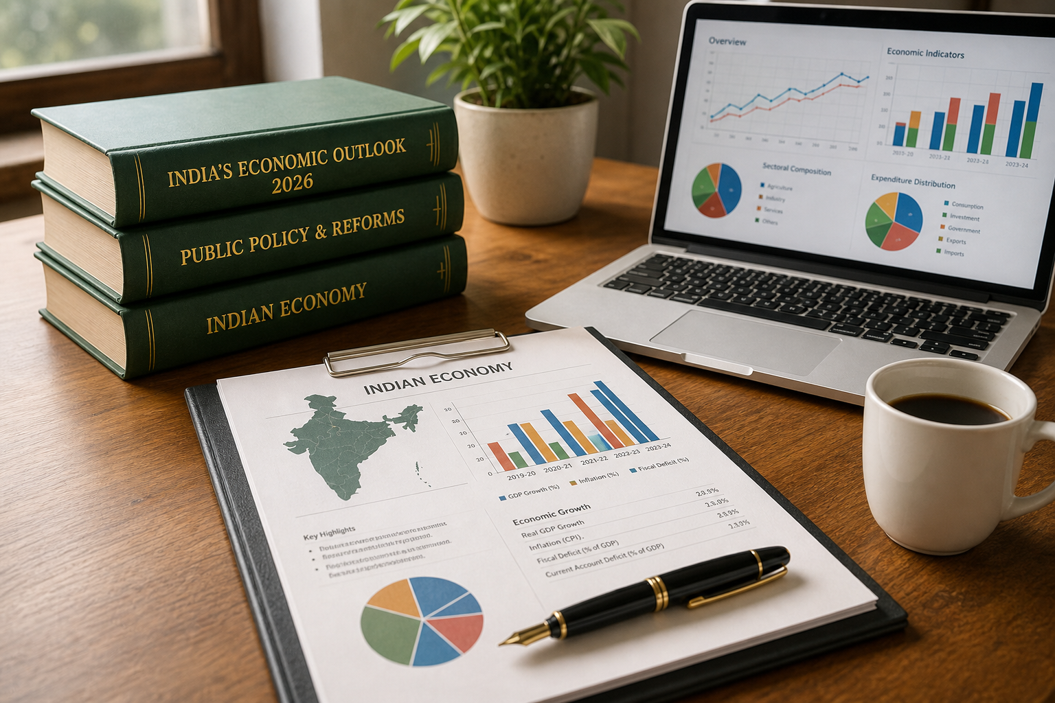 Desk with books, charts and a report on the Indian economy