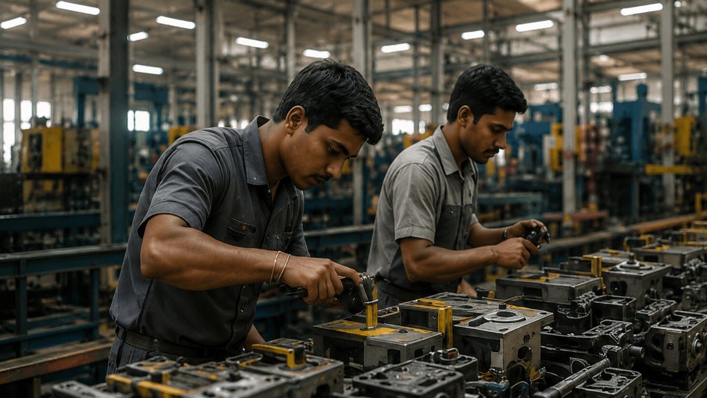 Workers on an Indian manufacturing assembly line