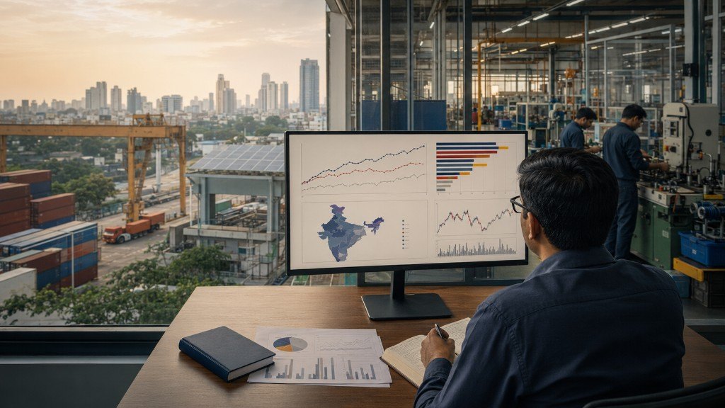 Analyst reviewing firm-level charts, maps and industrial data